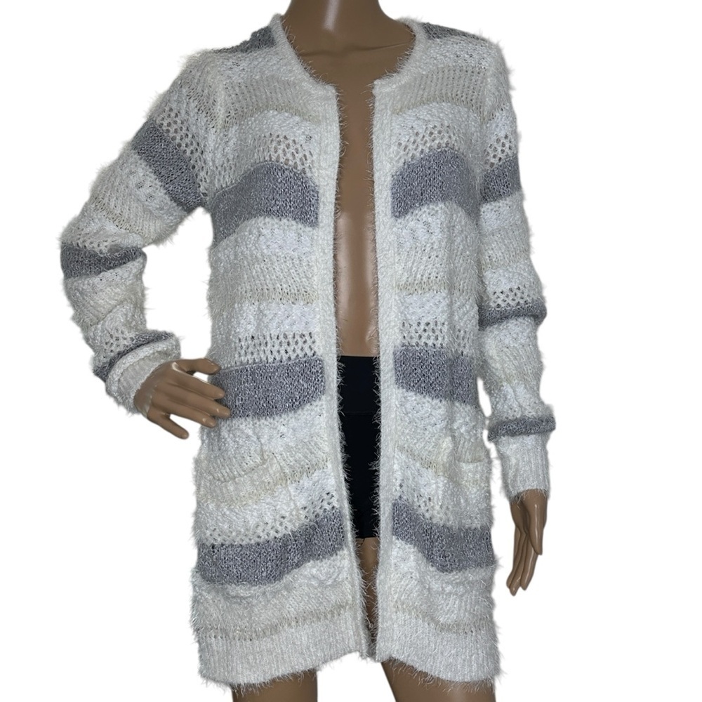 Absolutely Famous White and Gray Striped Open-Front Sweater Cardigan NWT small